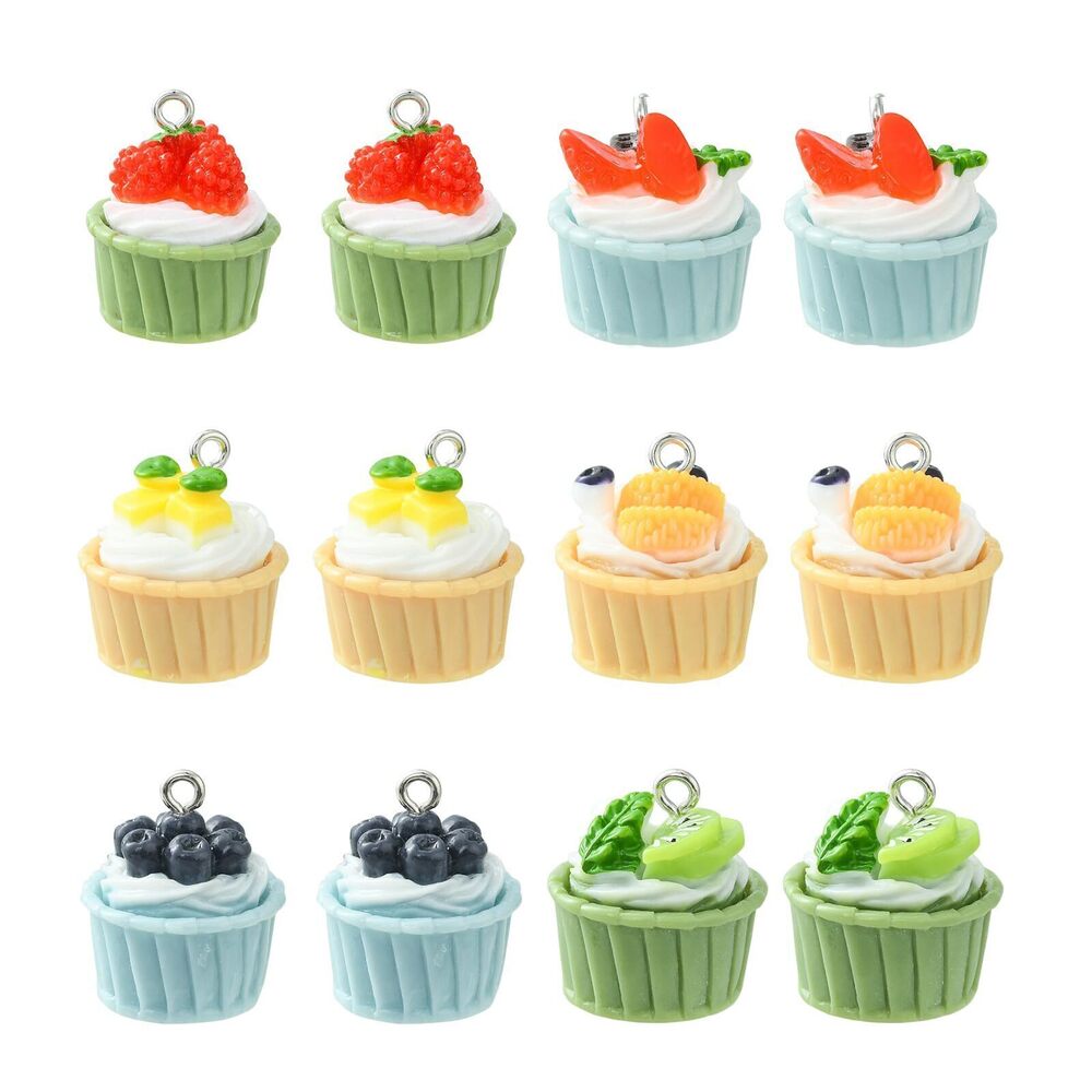 3447 30 Pcs 6 Styles Fruit Cupcake Charms Opaque Resin Pendants 3D